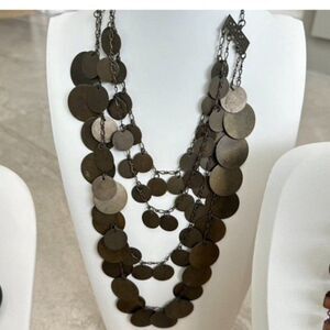 Cascading Multi Layer Strand Metal Disc Statement Necklace